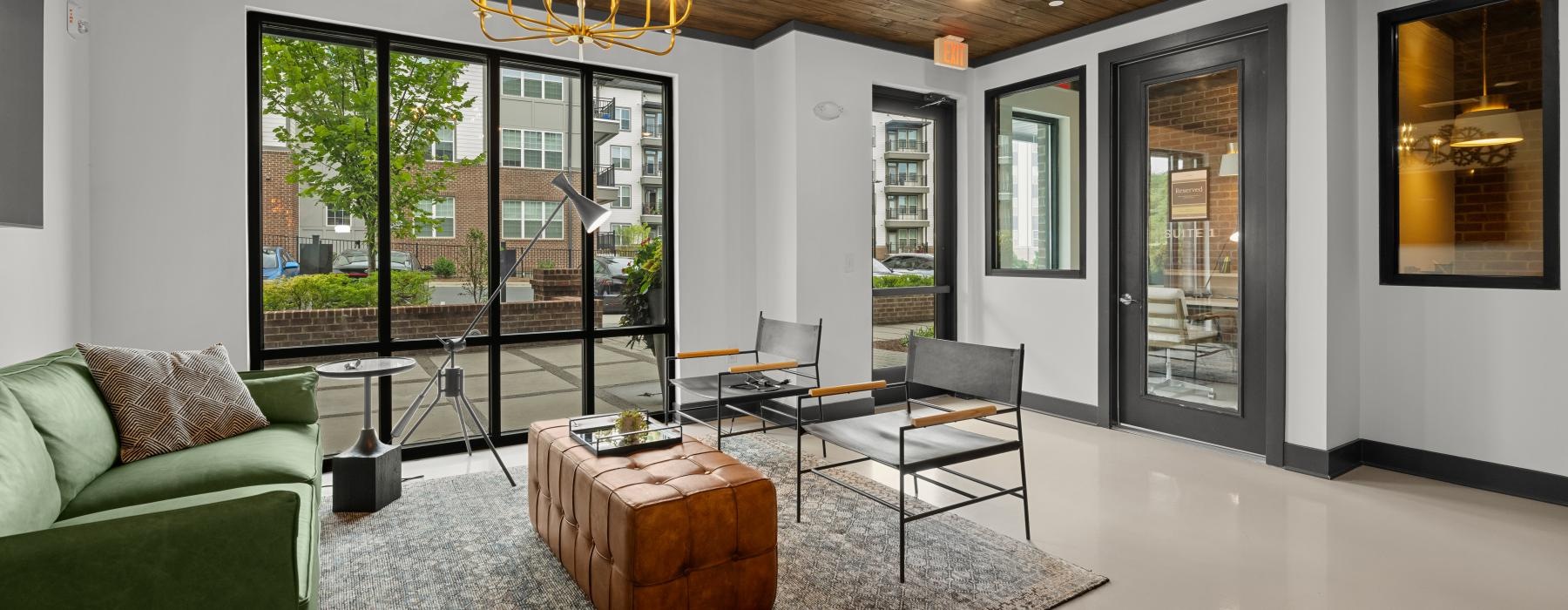 a living room with a large glass door