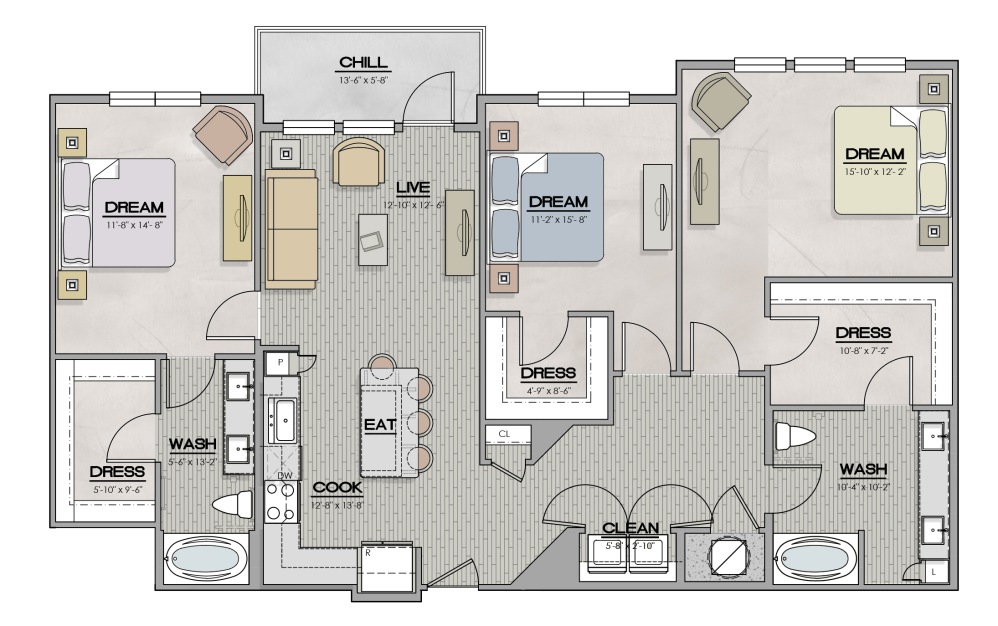 C4 - 3 bedroom floorplan layout with 2 bathrooms and 1612 square feet C4 - 3 bedroom floorplan layout with 2 bathrooms and 1612 square feet